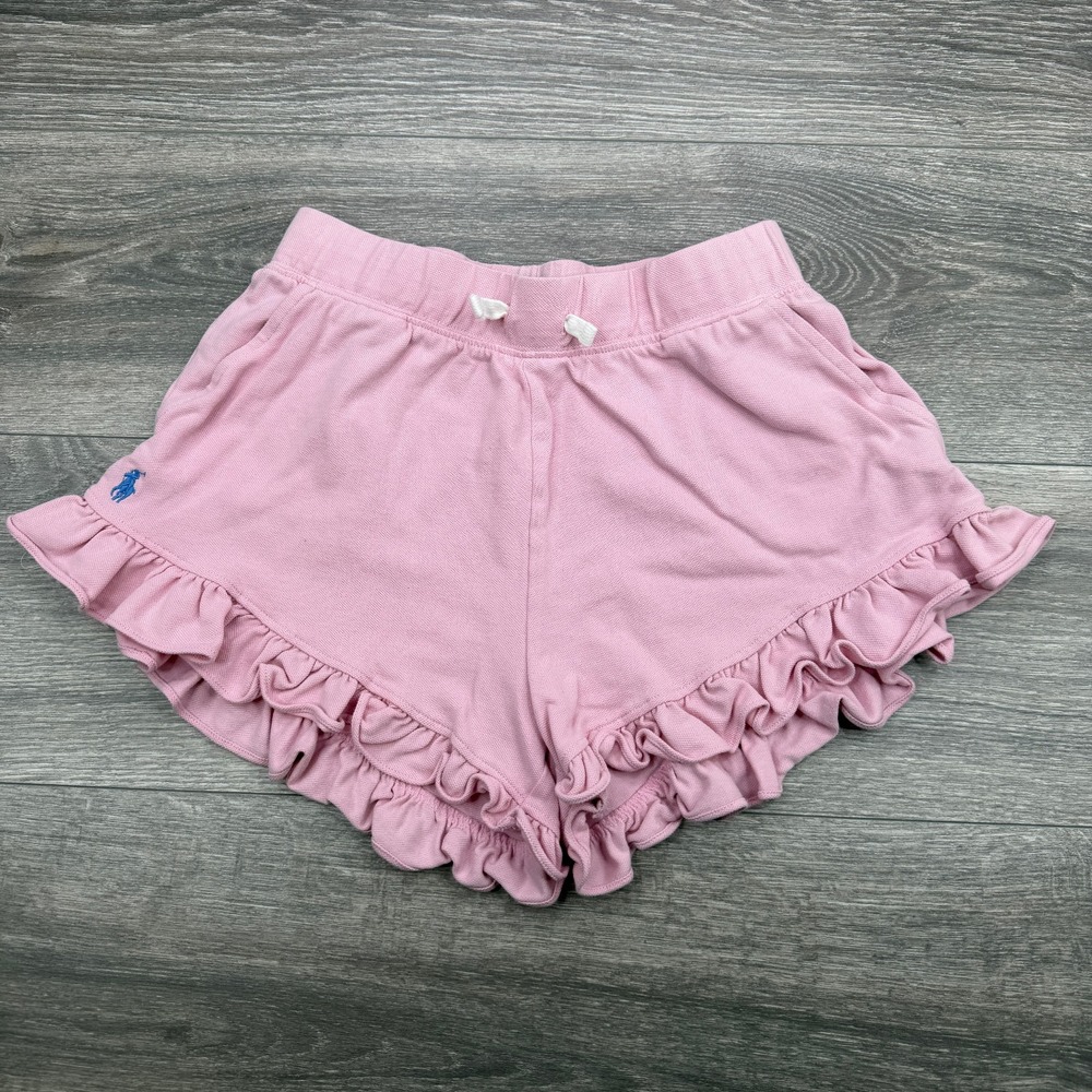 Polo Ralph Lauren Shorts Girls 16 Pink Ruffle Trim Pique Blue Pony Girly Preppy